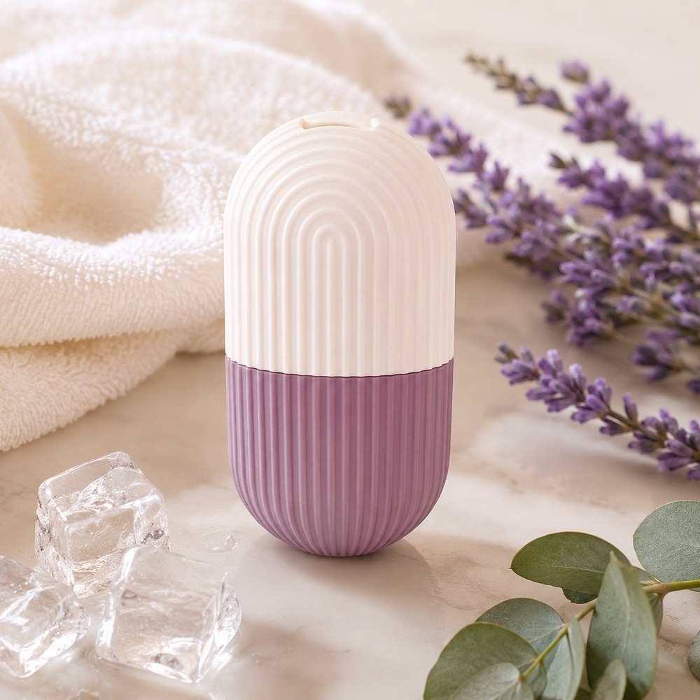 Dual-Toned Ribbed Silicone Facial Ice Roller Purple & Cream NWOT Skincare Depuff
